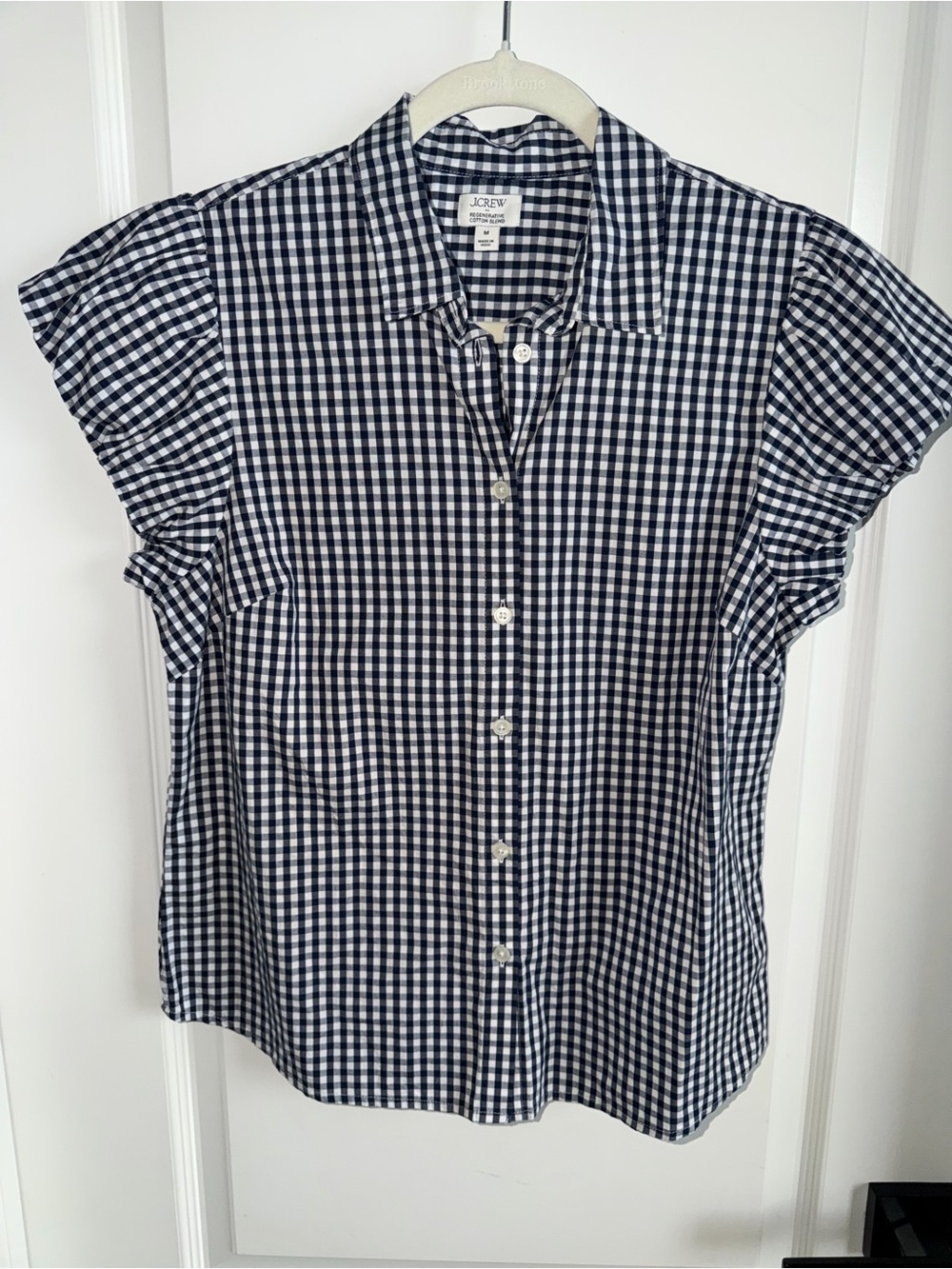 J.Crew Women’s Medium Navy White Gingham Ruched Puff Sleeve Button Down Blouse